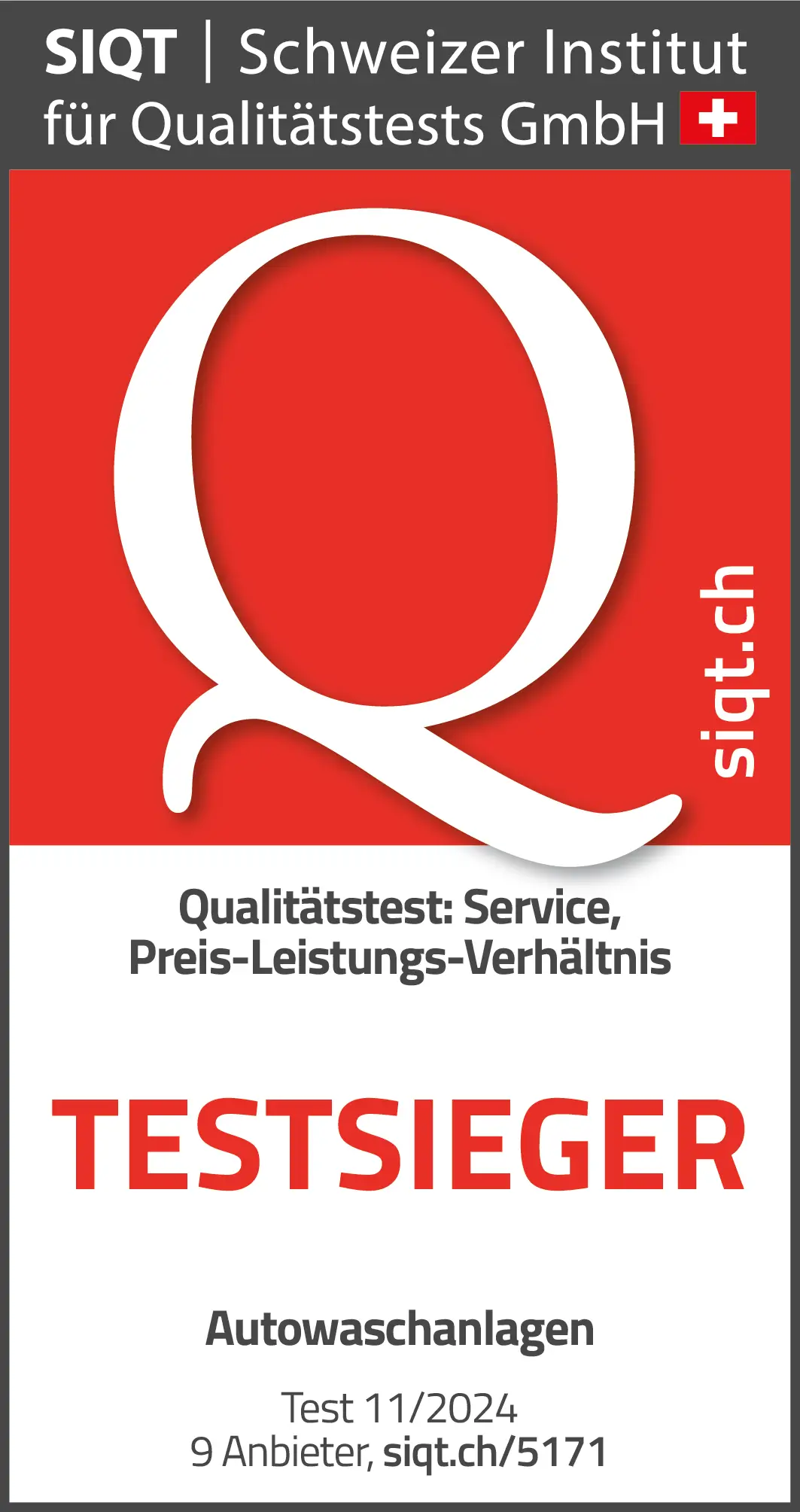 SIQT-Auszeichnungsabzeichen für die beste Autowaschanlage, Testsieger in den Kategorien Service und Preis-Leistungs-Verhältnis, November 2024. SIQT-Auszeichnungsabzeichen für die beste Autowaschanlage, Testsieger in den Kategorien Service und Preis-Leistungs-Verhältnis, November 2024.