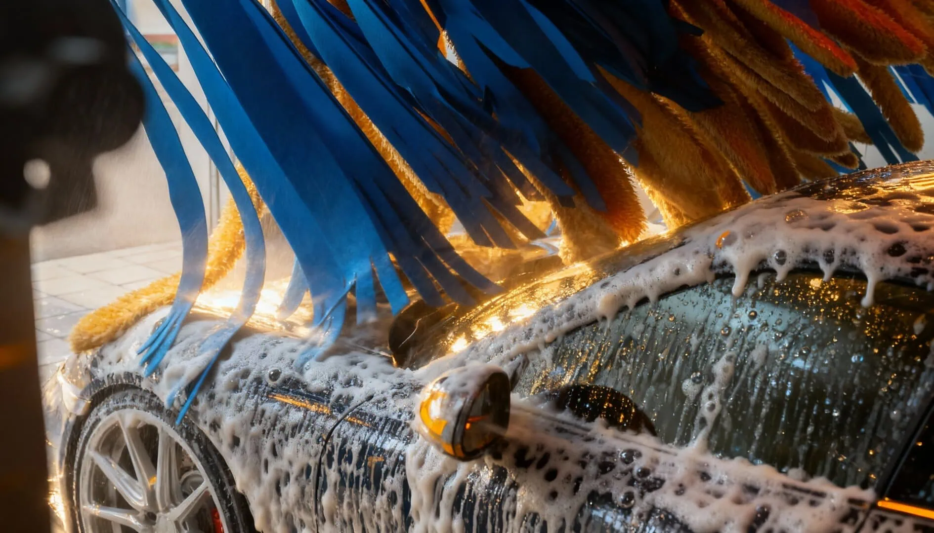 Ein mit Seife bedecktes Auto wird in einer Autowaschanlage von blauen und gelben Bürsten gewaschen.