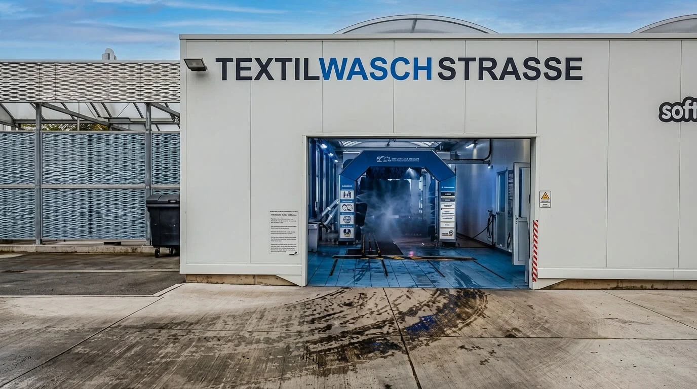 Einfahrt zur automatischen Autowaschanlage mit dem Schild „TEXTIL WASCHSTRASSE“ über dem Eingang. Einfahrt zur automatischen Autowaschanlage mit dem Schild „TEXTIL WASCHSTRASSE“ über dem Eingang.