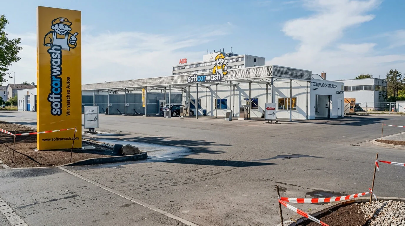 Das Gebäude und das Schild von „SoftCarwash“ auf einem größtenteils leeren Parkplatz an einem sonnigen Tag. Das Gebäude und das Schild von „SoftCarwash“ auf einem größtenteils leeren Parkplatz an einem sonnigen Tag.