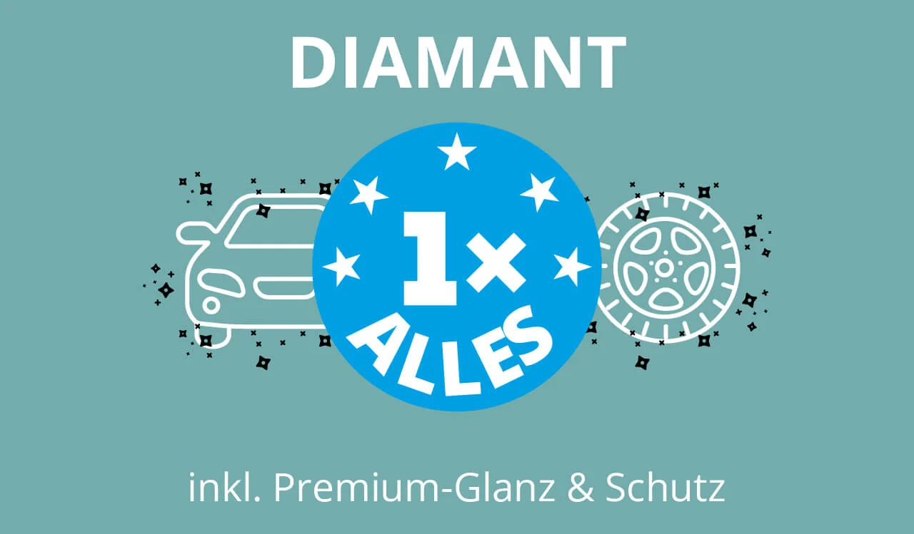 Blauer Kreis mit den Symbolen „ALLES“, „Auto“ und „Rad“; Text: DIAMANT inkl. Waschprogramme & Premium-Glanz. Blauer Kreis mit den Symbolen „ALLES“, „Auto“ und „Rad“; Text: DIAMANT inkl. Waschprogramme & Premium-Glanz.