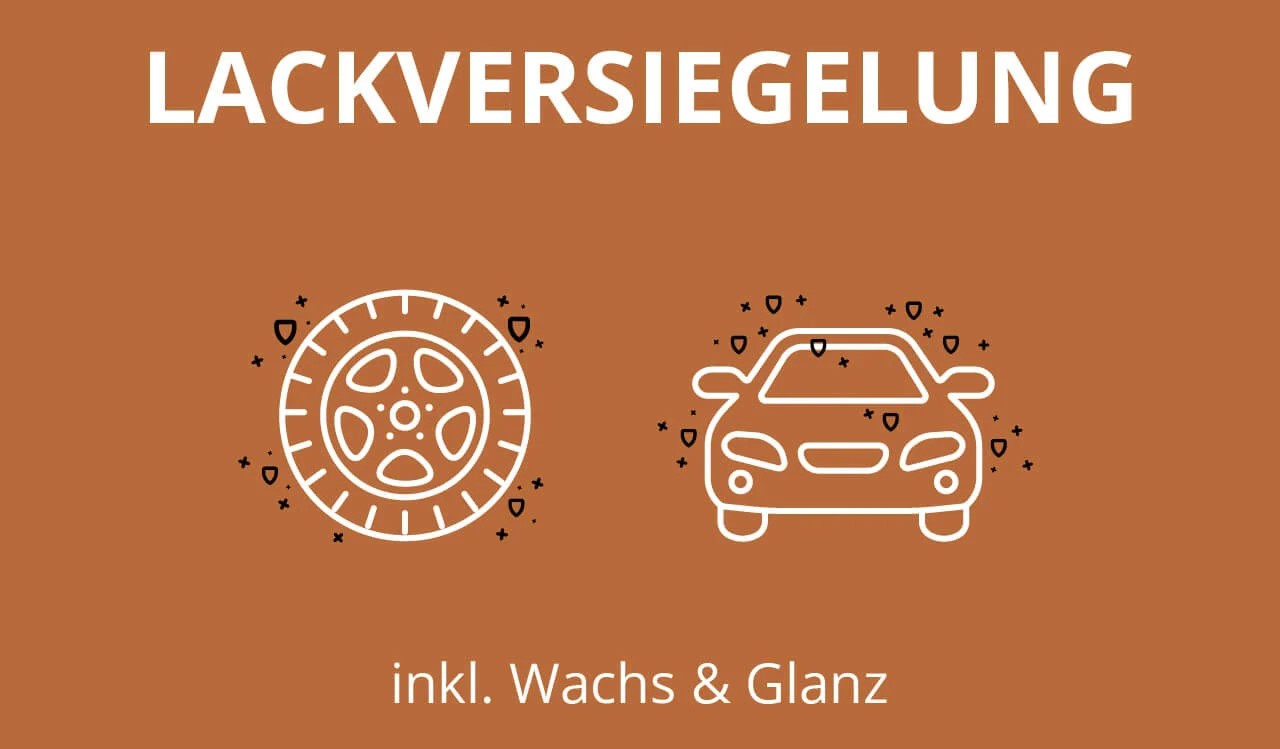 Weiße Symbole eines Autos und eines Reifens mit den Aufschriften „Waschprogramme“ und „Lackversiegelung inkl. Wachs & Glanz“ auf braunem Hintergrund. Weiße Symbole eines Autos und eines Reifens mit den Aufschriften „Waschprogramme“ und „Lackversiegelung inkl. Wachs & Glanz“ auf braunem Hintergrund.