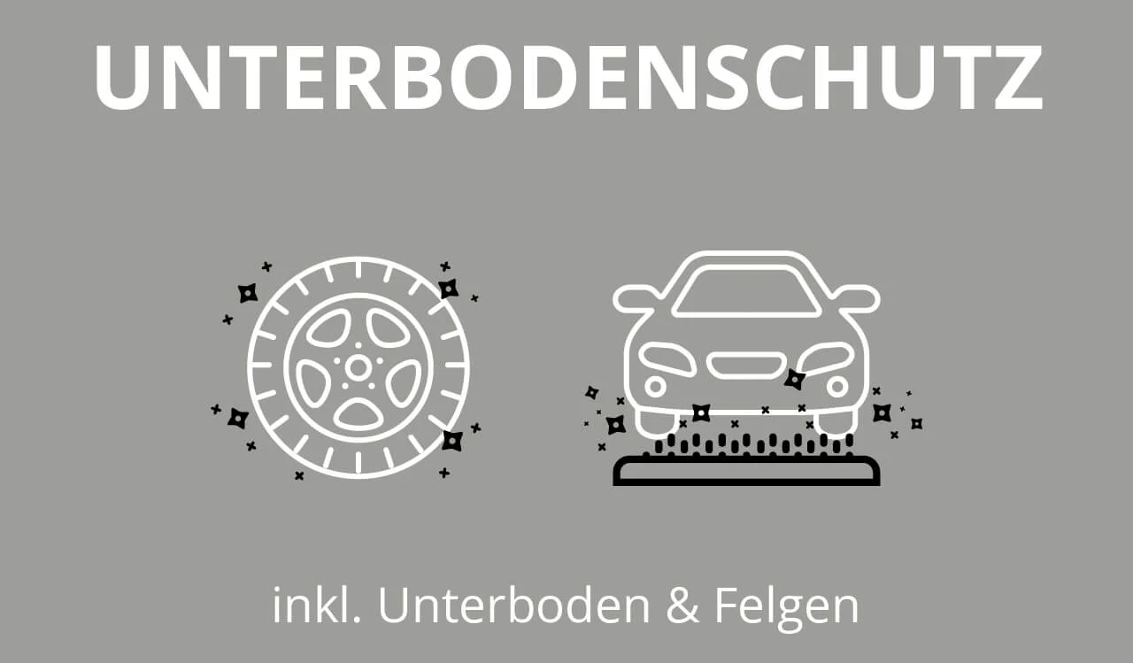 Graue Grafik mit einem Auto, einem Reifen und dem Text: Unterbodenschutz inkl. Waschprogramme für Unterboden und Felgen. Graue Grafik mit einem Auto, einem Reifen und dem Text: Unterbodenschutz inkl. Waschprogramme für Unterboden und Felgen.